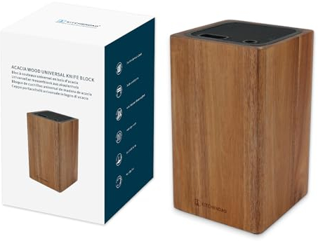 KITCHENDAO Deluxe Universal Knife Block with Slots for Scissors and Sharpening Rod - Acacia Wood Knife Holder for Safe, Space Saver Knives Storage - Unique Slot Design to Protect Blades