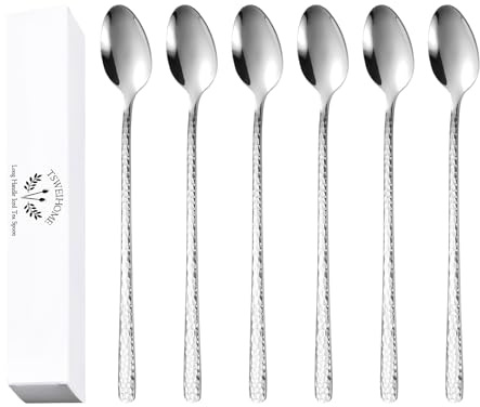 8.4-Inch Hammered Ice Tea spoon Long Handle, Coffee Spoon, Ice Cream spoons, Stainless Steel Cocktail Stirring Spoons, Tea spoon，Set of 6