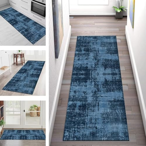 Teppich Läufer Flur Lang Küchenteppich Rutschfest Waschbar Küchenläufer Blau Schwarz Abstrakt Flurläufer 70X500CM Teppichmatten Dauerhaft Schlafzimmer Wohnzimmer Meterware Teppichläufer Anpassbar