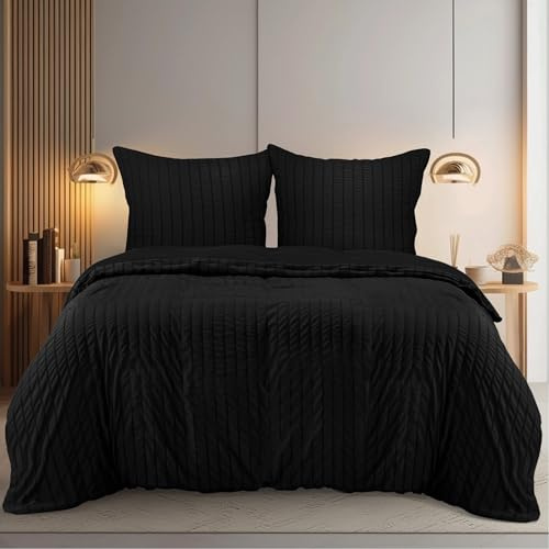 Utopia Bedding Seersucker Påslakanset - Mjukt Påslakan av Polyester med Mikrofiber 220x240 cm Med 2 Örngott 65x65 cm - Svart