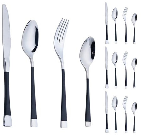 Manche Raffiné Cuisine Acier Inoxydable Argenterie Vaisselle Couverts Couverts Couteaux Fourchettes Cuillères Ensemble Maison Couteau À Steak Cuillère À Dessert (Noir argent,16 pièces)