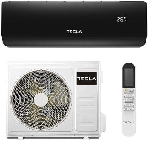 Tesla Aire Acondicionado Inverter Split 3.000 Frigorías [Hasta 30m2] (12.000 BTU) - Wi-Fi, Bomba de Calor, A++/A+++ Energético, Ultra Silencioso, Gas R32 (Negro)