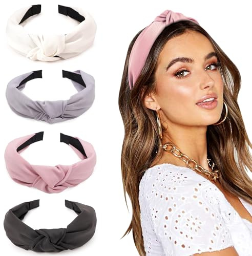 DRESHOW 4 Paket Pannband för Kvinnor och Flickor Knuten Plast Pannband Mode Boho Breda Hårband Halkfria Hårtillbehör