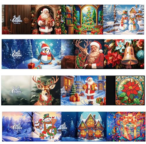 Lot de 12 cartes de Noël 5D à faire soi-même, cartes de vœux de Noël manuelles avec outils de peinture diamant et enveloppes, cartes de vœux de Noël, Thanksgiving, Nouvel An pour la famille, les amis