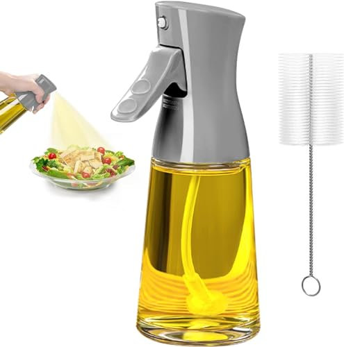 Showvigor Olivenöl Sprüher zum Kochen, 180ML Glas Öl Spender Flasche mit Pinsel, Rapsöl Essig Spray Mister für Küche, Nachfüllbare Gadgets Zubehör weit verbreitet für Air Fryer (GRAU)