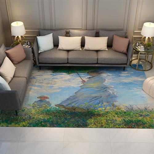 LANDERSION Rustikale ländliche Landschaft Bauernhaus Teppich 120x170cm - Halten eines Regenschirms Elegante Frau Wohnzimmer Türmatte Nicht Rutschig Nicht Häuten Büro Teppich