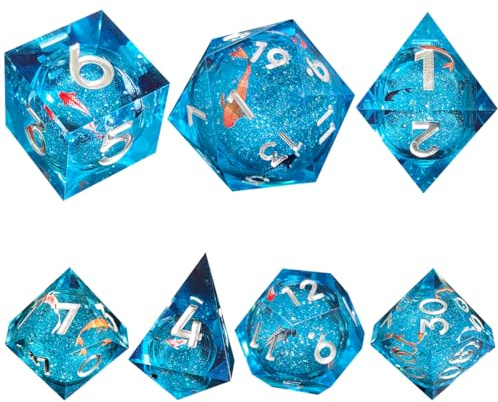 Hsthe Sea Resin DND-tärningssats, Polyhedral Liquid Core Koi Fish DND-tärning med låda, D och D RPG-rollspelstärningar