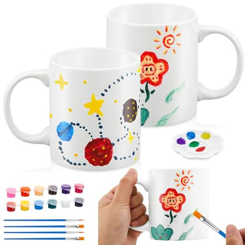 2 Set Pottery Painting Your Own Mug Kit Gifts for Christmas, 2 Blank Ceramic Sublimation Cups 12 Color Pigment Brushes for Adults Beginners Home DIY Birthday Anniversary Couples Night(Classic Style)
