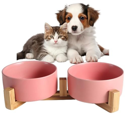 Gamelles en céramique pour chien, 395 ml avec support en bois antidérapant, gamelle riasée pour chien et chat