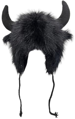 Qiwieod Bull Hörnern Cap Handgefertigt Strick Beanie Winter, Warmer Büffelhut, Wintermütze, Ohr-Kopfbedeckung Für Männer Und Frauen, Plüsch-Ohrenklappenmütze Mit Hörnern - Wintermützen