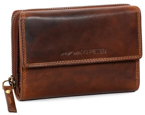 Marc Peter® Rosie Damen Geldbeutel Leder RFID Geldbörse Groß Vintage Portemonnaie für Damen Ledergeldbörse mit Reißverschluss in Geschenkbox Echtleder Waxy Bräune