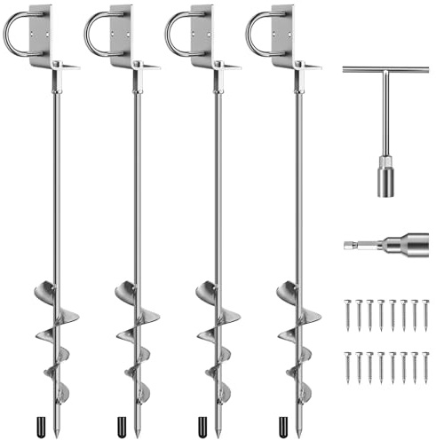 Phopich 28in Multi-Purpose Ground Anchors Screw in, 4Pack Fully Welded Heavy Duty Trampoline Stakes with Brackets, T-Wrench and Adapter for Drill, Earth Anchor kit for Mobile Home, Trampoline, Shed