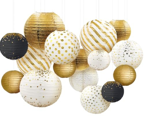 JUTSTJUKO Juego de faroles de papel para decoración de fiestas, 16 faroles de papel colgantes dorados para bodas, cumpleaños, baby shower, despedidas de soltera, decoración de fiesta (dorado)