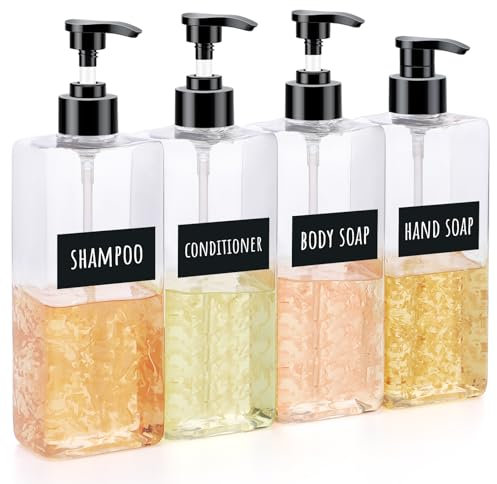 Segbeauty Dispensador Jabon Baño, 4 Piezas 350ml Dispensador de Espuma, Botes para Gel y Champu, Dosificador Jabon de Plástico con Etiquetas, para Encimera de Cocina (Blanco)