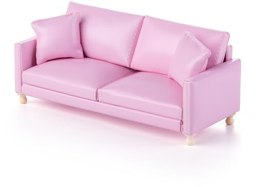 1:12 Dollhouse Furniture Leather Double Sofa with Pillows (Pink)