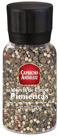 CAPRICHO ANDALUZ Molinillo Mezcla 5 Pimientas 170gr- Condimento Perfecto para Añadir un Toque Picante y Aromático a tus Carnes y Comidas.