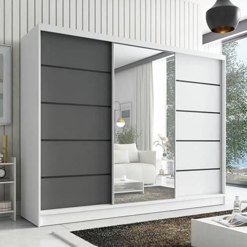 A&J MöbelLand Kleiderschrank Aurelia 2 – Schwebetürenschrank 200 cm breit mit Spiegel, 3-türig, Kleiderschrank mit Schubladen, Schiebetürenschrank für Schlafzimmer oder Garderobe