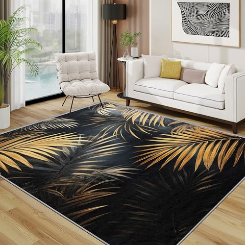 Generisch Tropische Blätter Teppich, Palmenblätter Botanisch Pflanzen Teppiche rutschfest Waschbar Weich, Luxus Schwarz Gold Wohnzimmerteppich Schlafzimmer Jugendzimmer, 120x180 cm, Goldschwarz