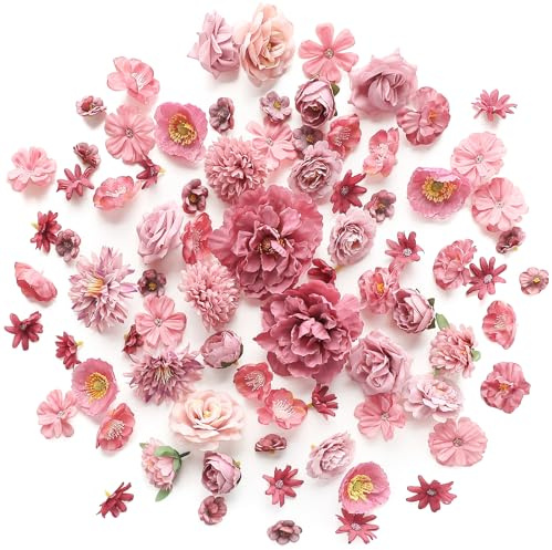Floroom Mini Artificial Flower Heads Dusty Rose Fake Peony Daisy Rose Multicolor Small Faux Silk Flower Heads for Cake Craft Garland Wedding Party Graduation Cap DIY Home Decoration, 0.8-3.6