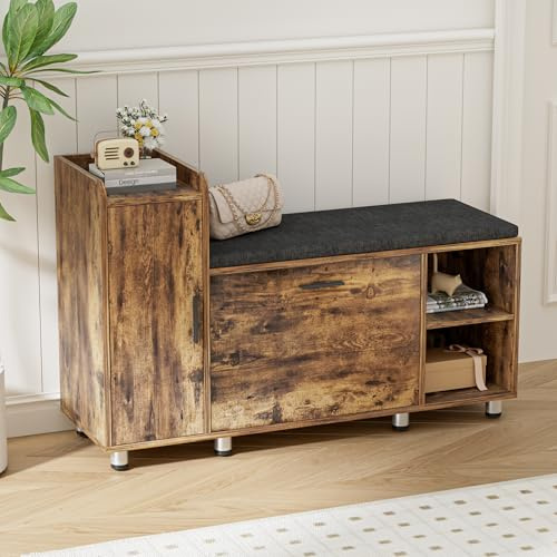 BonVache Panca Scarpiera da ingresso, altezza regolabile, organizzatore scarpe con armadio di archiviazione e 3 spazi aperti, per ingresso, corridoio, anticamera, 105 x 34 x 67 cm, Marrone