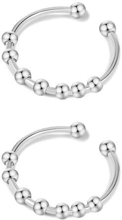 CHUANFU 2 Pezzi Anello Antistress Donna con Perline, Fidget Ring Donna Regolabile, Aperto Rotante Anelli in Acciaio Inox Durevole, Anxiety Ring per Donne e Ragazze, Argento