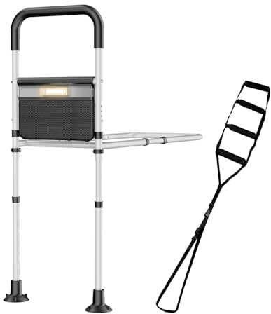 Bed Rails for Elderly Adults Safety,ASTM Approved Adjustable Bed Assist Rails For Seniors,Anti-Slip Ergonomic Handle,440lb Weight Capacity,Comes with storage bag,Night sensor light & Bed Ladder Assist