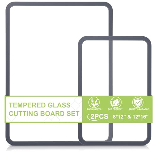 Tempered Glass Cutting Board 8x12 and 12x16, GUGEMEI Glass Chopping Board for Kitchen Counter, Non-Slip Rubber Ring, Dishwasher Safe