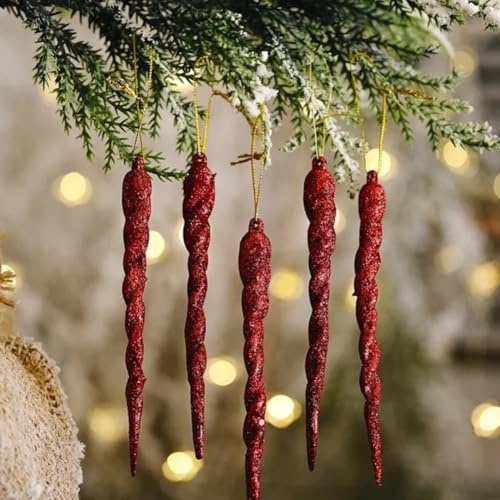5 Stück Weihnachts-Eiszapfen Ornamente mit Winter-Eis-Simulation zum Aufhängen an Bäumen, geeignet für Urlaubsparty und saisonale Dekoration (rot)