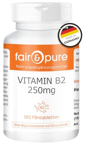 Fair & Pure Vitamine B2 250mg, 180 comprimés, 250mg de vitamine B2 (riboflavine) par comprimé, facile à avaler, complément alimentaire végétalien sans additifs, fabriqué en Allemagne
