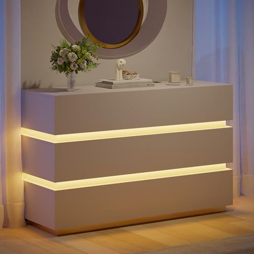Homary Kommode Weiß 120CM LED-Kommode, 6 Schubladen, Schlafzimmerschrank Schlichte Oberfläche, Sanfte LED-Beleuchtung, 6 Schubladen für Optimalen Stauraum im Schlafzimmer