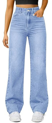 Vaqueros Mujer Jeans de Mezclilla de Cintura Alta y Pierna Ancha para Mujer Lavado Ligero Casual Pierna Recta Elegantes Vintage Casual Comodos Suaves Elásticos Uso Diario Silueta Favorecedora
