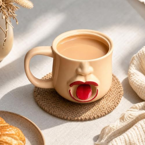Lustige Tasse mit beweglicher schüttelnder Zunge, handgefertigte Keramik-Kaffeetasse mit lebensmittelechtem Keramikeinsatz, 284 ml, interaktiver Streichbecher, rustikales Kunsthandwerks-Trinkgeschirr