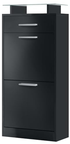 Vladon Schuhschrank Loret V2, Schuhkipper für 8 Paar Schuhe mit 2 Klappen, 1 Schublade und Glasablage, Schwarz matt/Schwarz matt (46 x 104 x 23 cm)
