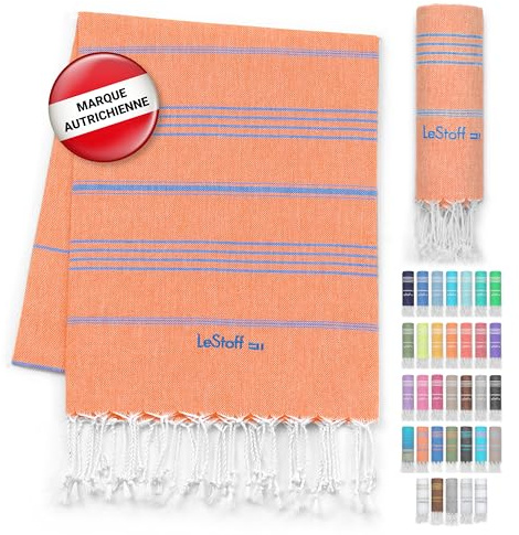 LeStoff Hamamtuch Sporttuch, 100% Bio-Baumwolle, 95x180 cm, Orange/Blau | Fitnesshandtuch, Yogahandtuch und großes Handtuch – leicht, kompakt, vorgewaschen, saugstark und schnelltrocknend