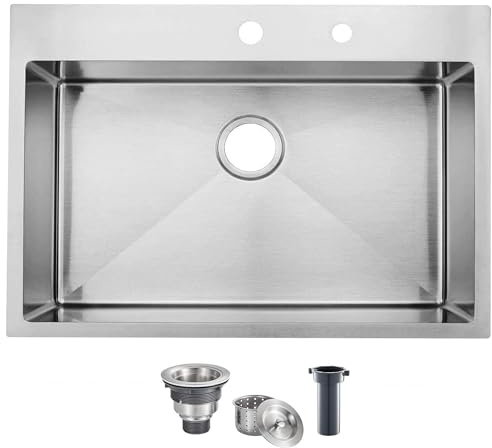 KINGO HOME 33 x 22 Inch Drop in Stainless Steel Kitchen Sink, Single Bowl 16 Gauge Top mount Sink Commercial Handmade 9 Inch Deep Kitchen Sinks Workstation Single Basin Brushed Satin Nickel