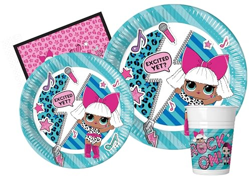 Kit Party Tavola L.O.L. Surprise! Rock On! per 24 persone (112 pezzi: 24 piatti Ø23cm, 24 piatti Ø20cm, 24 bicchieri 200ml, 40 tovaglioli 33x33cm)