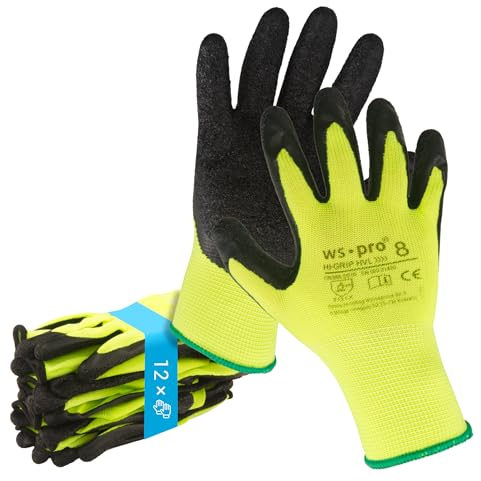 Trevendo Arbeitshandschuhe - WS-Pro Hi-Grip HVL - EN 388 - neongelbe Montage- & Schutzhandschuhe mit Crinkle-Latex-Beschichtung - Profi-Grip, robust & sichtbar - Mehrfachpack - Größe 11, 12 Paar