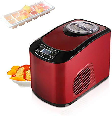 Sorbetière Électrique avec Capacité 1,5 L Coque en Acier Inoxydable, Écran LCD Et 5 Boutons, Machine À Crème Glacée Polyvalente Maintien du Froid, avec Bacs À Glaçons,Rouge