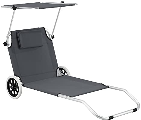 [en.casa] Sonnenliege Lazkano mit Rollen 150x62cm Gartenliege Liege Strandliege Aluminium Dunkelgrau