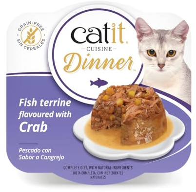 Catit Fish Dinner, Crab with Pumpkin, Wet Cat Food for Adult Cats 6x75g | Dual-Layered Terrine. Grain-Free. Real Meat in Gravy.