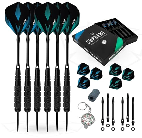 KOTO - Supreme Brass Geschenkset Dartpfeile, Inkl. 2 Sets Schwarze Messing Darts (23 G.), 4 Sets Flights (100 Micron), Aluminium Shafts, 13 O Ringe