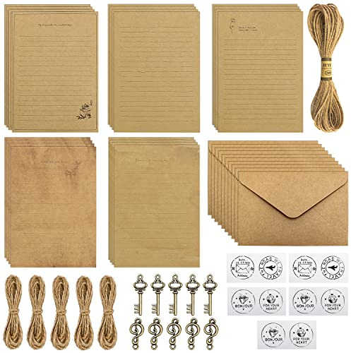 61PCS Carta da Lettere Vintage con Buste Anticate 20 Carta Invecchiata 10 Buste di Carta Kraft Retrò 10 Ciondolo in Metallo 11 Corda di Iuta Carta Antica Kraft
