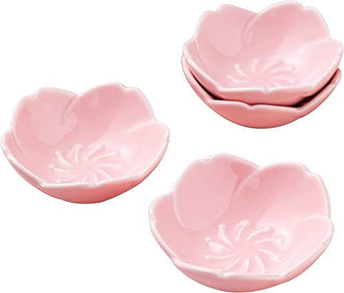 Eplze YBK Tech Set of 4 Cute Ceramic Serving Dishes, Cherry Blossom Shaped Dishes, 3Inches Dipping Bowls for Soy Sauce, Cookies, Sushi
