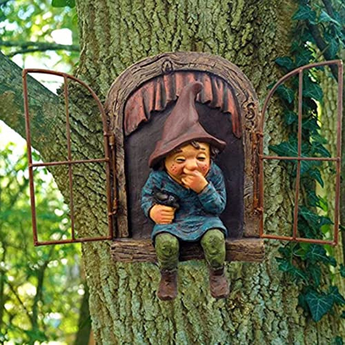 Elf Out The Door Tree Hugger, Gartenstatue Zwerg Harz Zwerg Figur, Hängende Gartenzwerge Baum Zwerg Dekoration für Garten Terrasse Hof Rasen Ornament