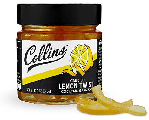 Collins Candied Lemon Twist Cocktail Garnish, Sweet Lemon Peel in Syrup for Skinny Margaritas, Limoncello, Citrus Peel Perfect for Lemons Drop, Home Bar, Tea, Desserts and Baking, 10.9 oz