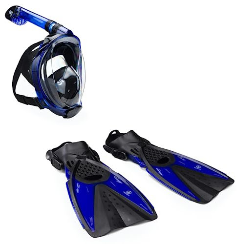 AQUASTIC Fullface Schnorchelset mit gestreiften Flossen Für Erwachsene Weites 180° Sichtfeld Trockener Schnorchel Dry Top Farbe Blau Größe S-M SMFA-01LN