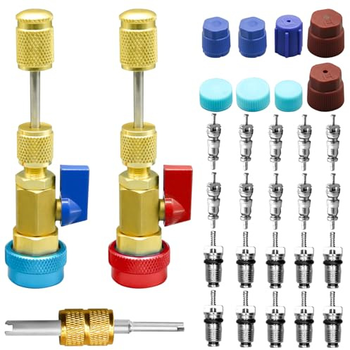 31Pcs R134A Valve Core Quick Remover Kit d’outils d’installation, outil de retrait de noyau de Valve haute basse pression avec 5V1 R134A Valve Core AC Service Port Cap Kit tige de Valve pour système