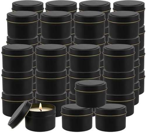 FUNSUEI 48 barattoli neri con coperchio, in metallo nero, contenitori vuoti per candele fai da te, progetti di artigianato, spezie