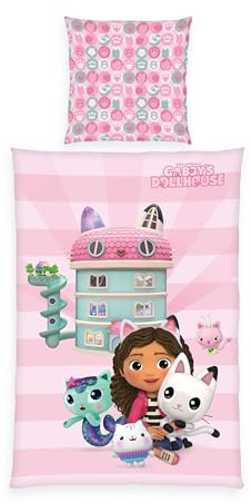 Herding Bettwäsche Gabby's Dollhouse, Kopfkissenbezug 80 x 80 cm mit Reißverschluss und Wende-Motiv, Bettbezug 135 x 200 cm, Mit Reißverschluss, 100% Baumwolle/Renforcé, Rosa
