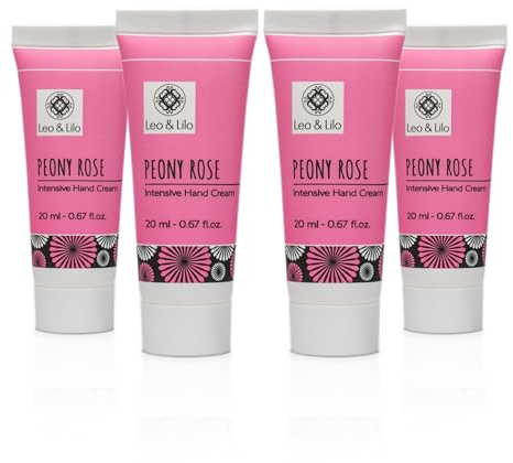 Leo & Lilo 4er-Set Handcreme Peony Rose 20 ml - intensive Pflege für trockene Hände - mit pflanzlichen Bio Ölen und Bio Pfingstrosenblütenextrakt